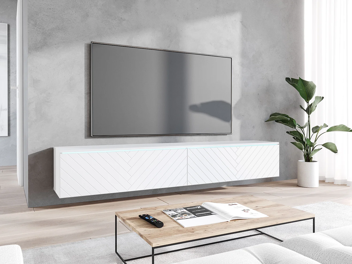 TV-Lowboard D 180 cm, Fernsehschrank, Wohnzimmermöbel, ohne LED-Beleuchtung, Farbe Weiß Fischgrätenmuster