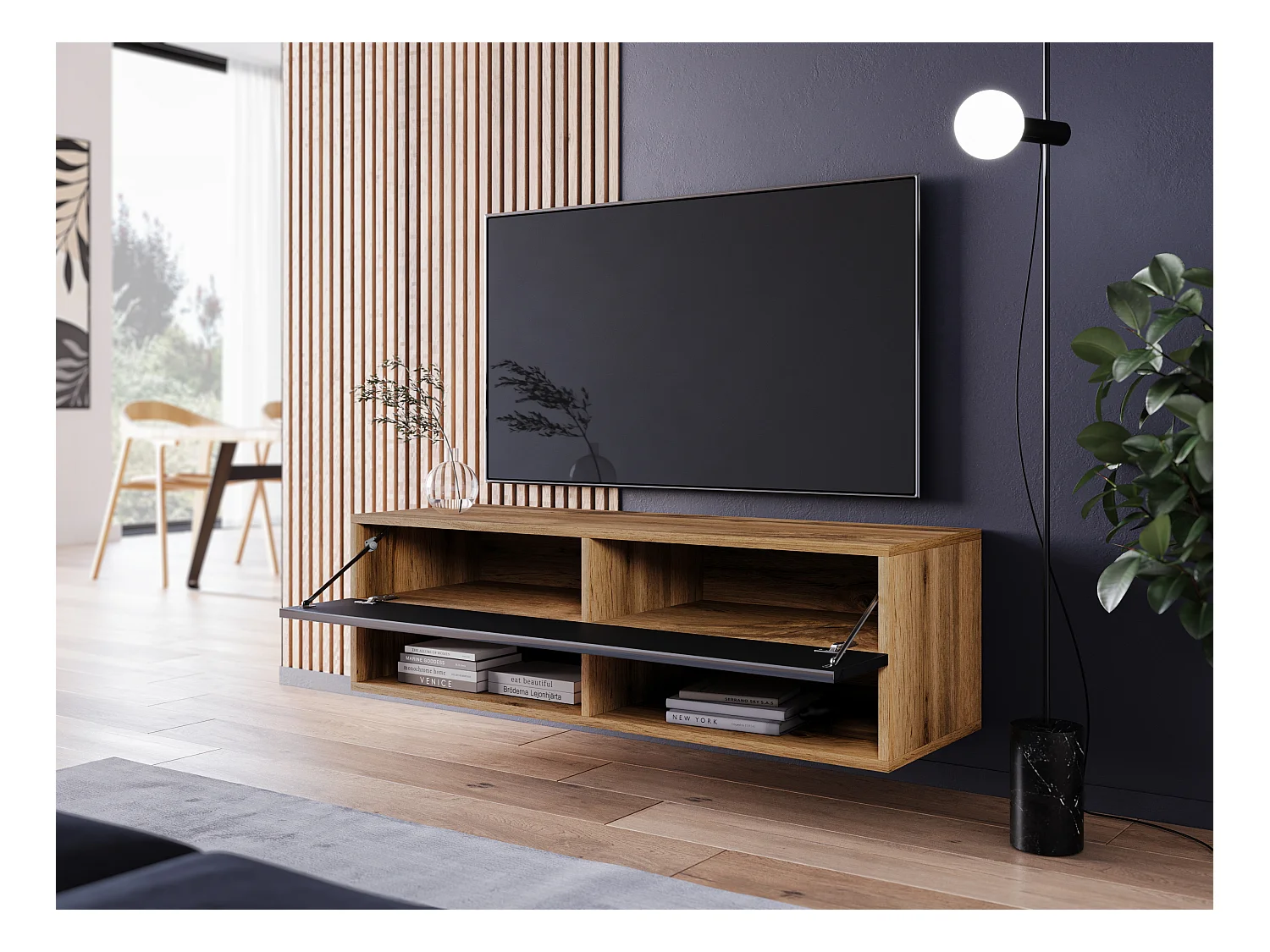 Moderne TV-kast 100 cm – greeploos, corpus wotan eiken, fronten zwart hoogglans, staand of hangend