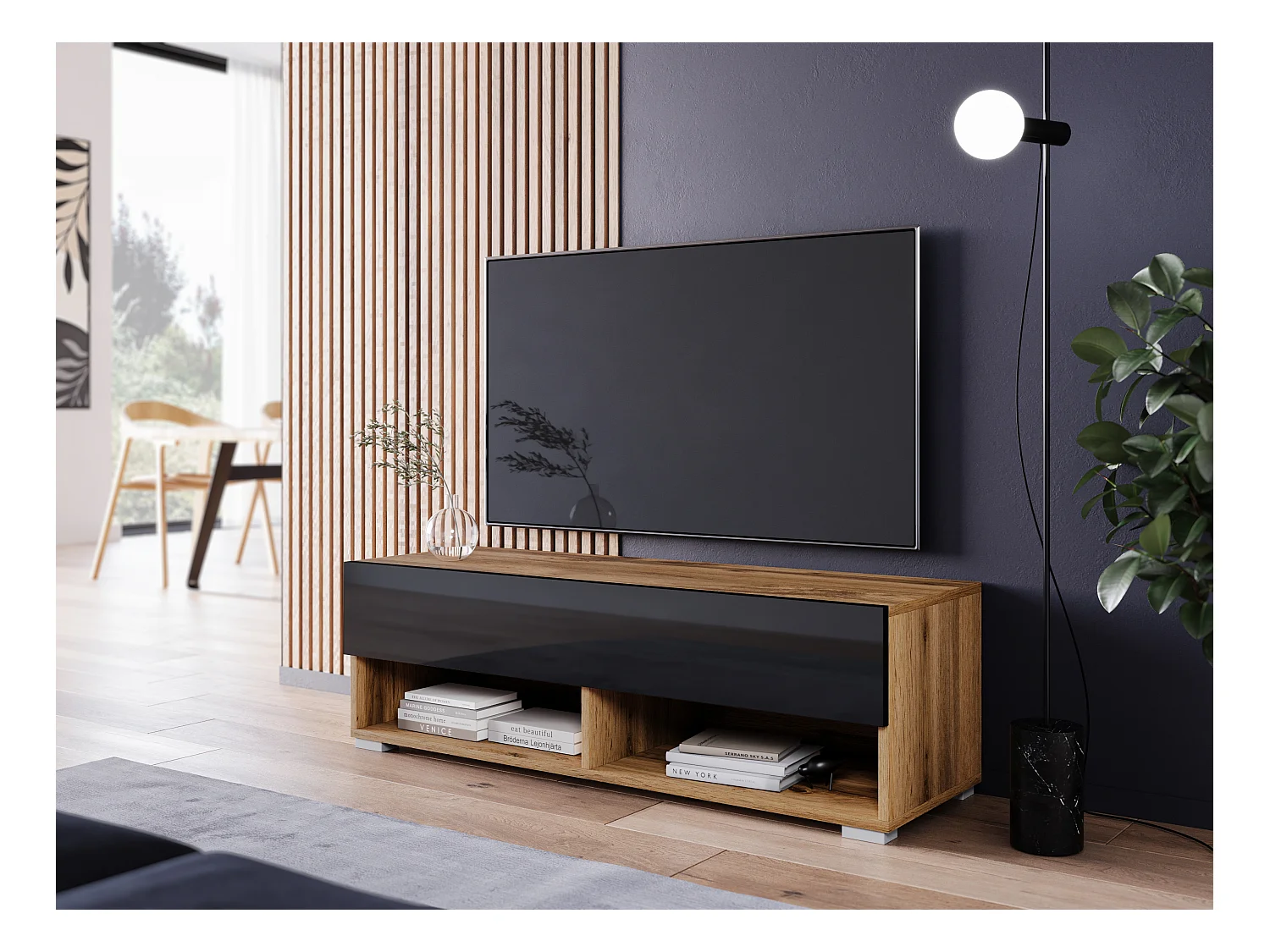 Moderne TV-kast 100 cm – greeploos, corpus wotan eiken, fronten zwart hoogglans, staand of hangend