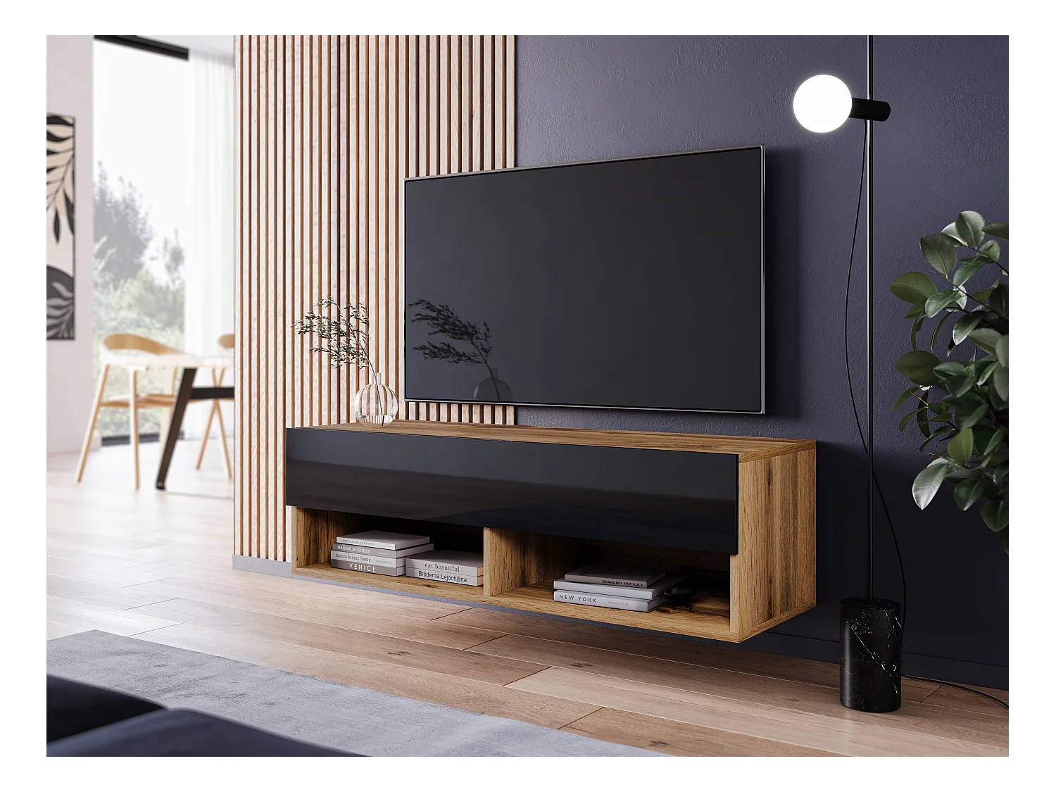 Meuble TV moderne 100 cm – sans poignées, corps chêne wotan, façades noir brillant, posé ou suspendu