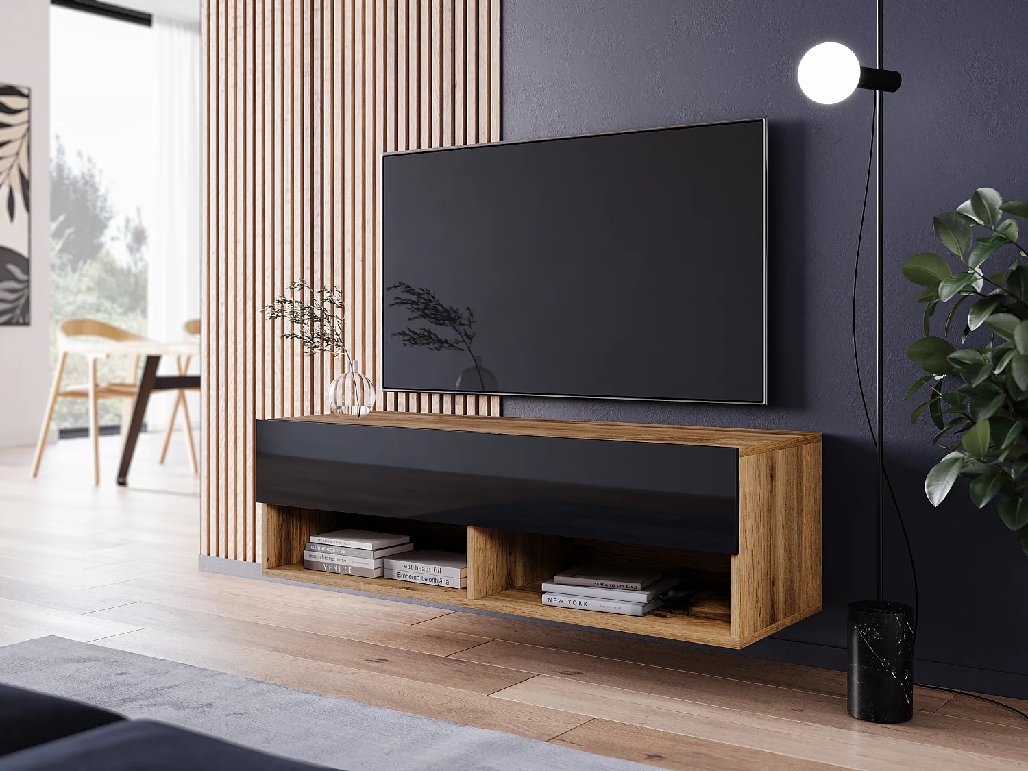 Meuble TV moderne 100 cm – sans poignées, corps chêne wotan, façades noir brillant, posé ou suspendu