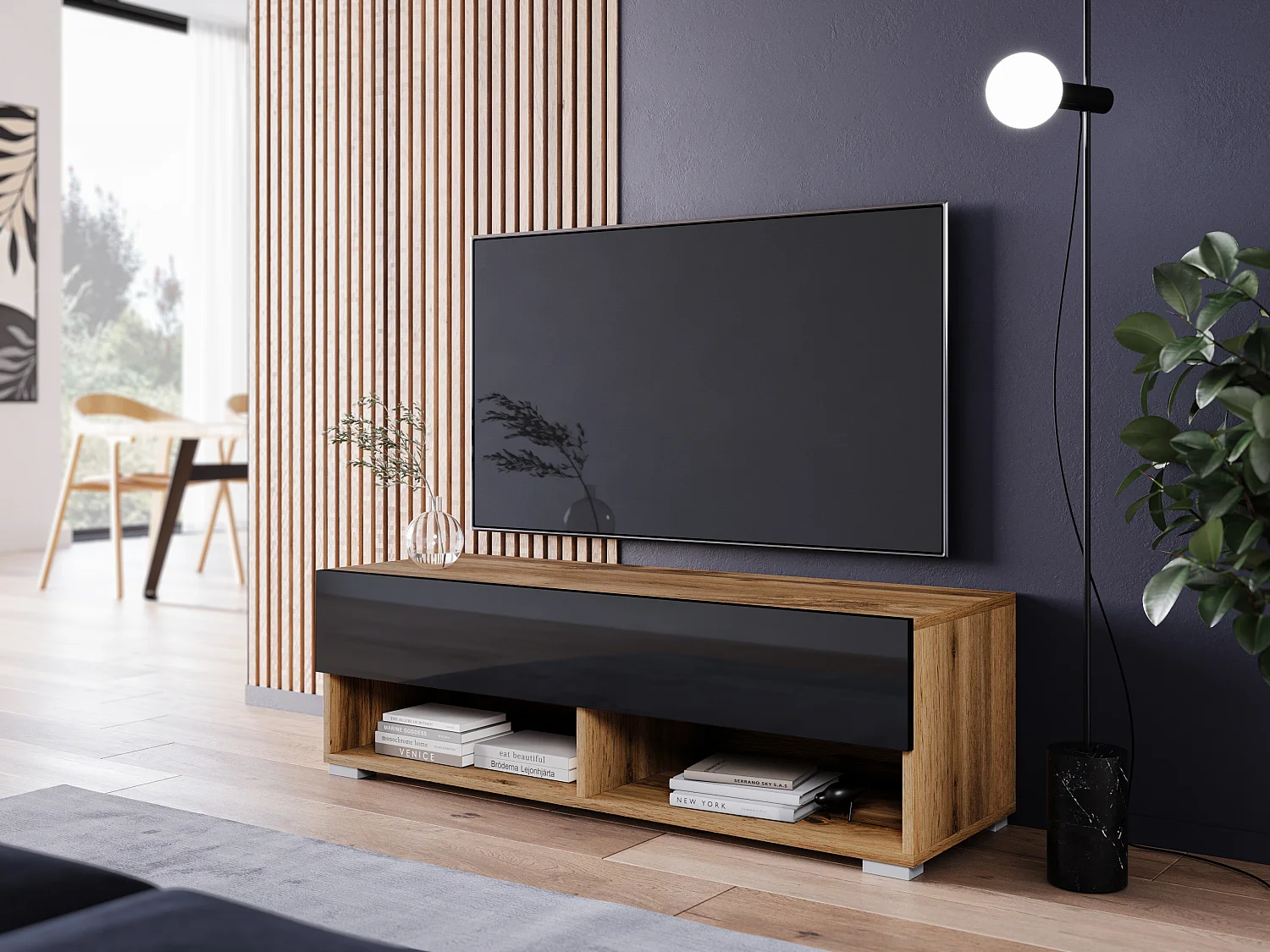 Meuble TV moderne 100 cm – sans poignées, corps chêne wotan, façades noir brillant, posé ou suspendu