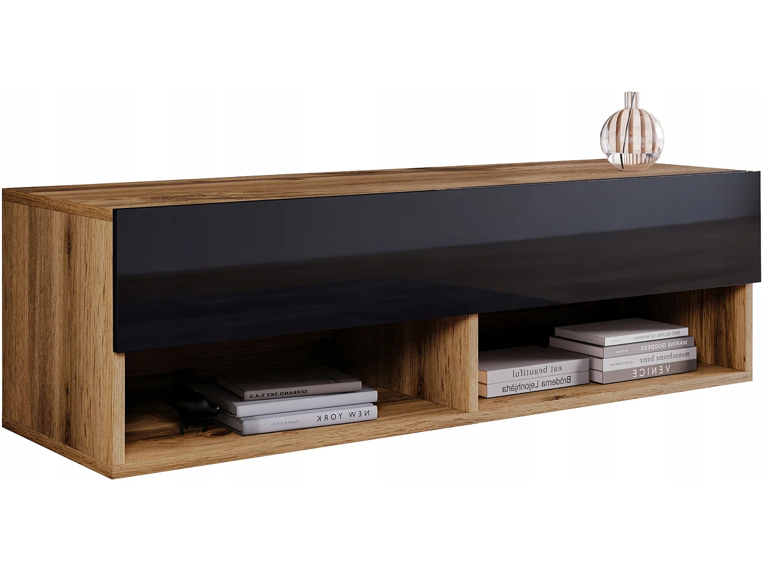 Moderner 100cm TV-Ständer - Eiche Wotan Korpus, Glänzende Schwarze Fronten, Wandmontage oder Freistehend
