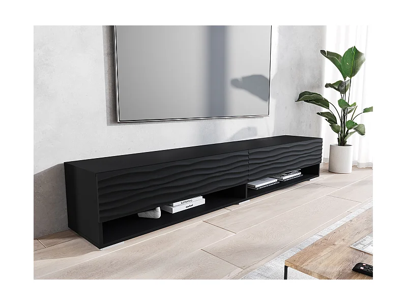 Mueble de TV moderno 180 cm – cuerpo mate, frentes MDF con ondas, sin tiradores, de pie o colgante, color grafito negro mate