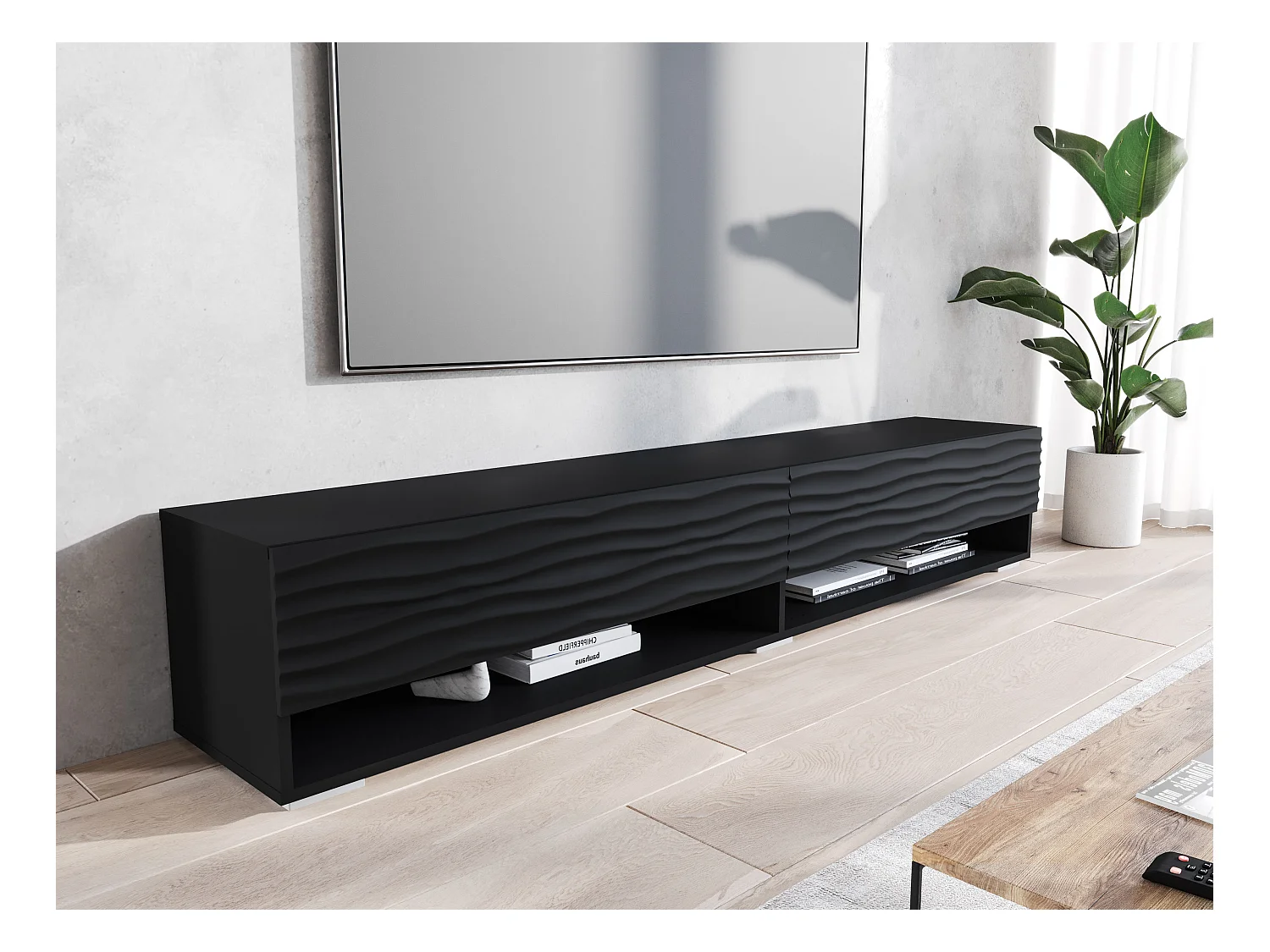 Meuble TV moderne 180 cm – corps mat, façades MDF ondulées, sans poignées, posé ou suspendu, couleur graphite noir mat