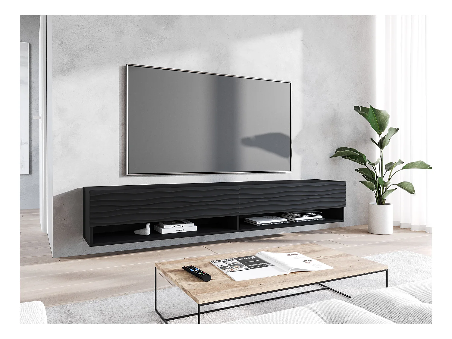 Meuble TV moderne 180 cm – corps mat, façades MDF ondulées, sans poignées, posé ou suspendu, couleur graphite noir mat