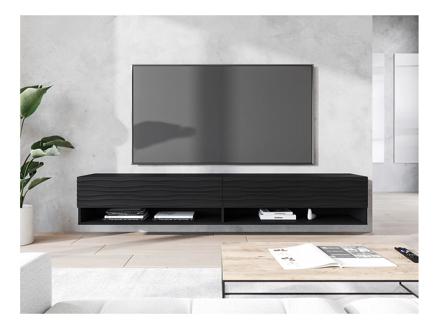 Meuble TV moderne 180 cm – corps mat, façades MDF ondulées, sans poignées, posé ou suspendu, couleur graphite noir mat