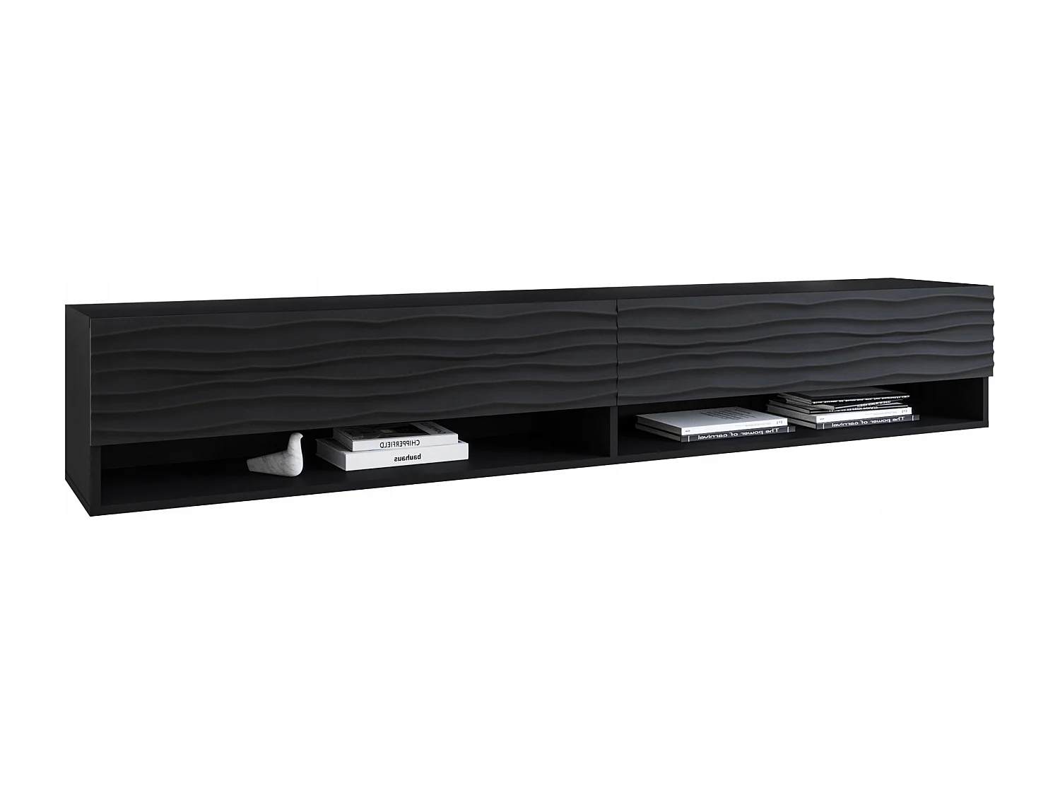 TV-Lowboard A 180 cm, Fernsehschrank, Wohnzimmermöbel, ohne LED-Beleuchtung, Farbe Schwarz gewellt