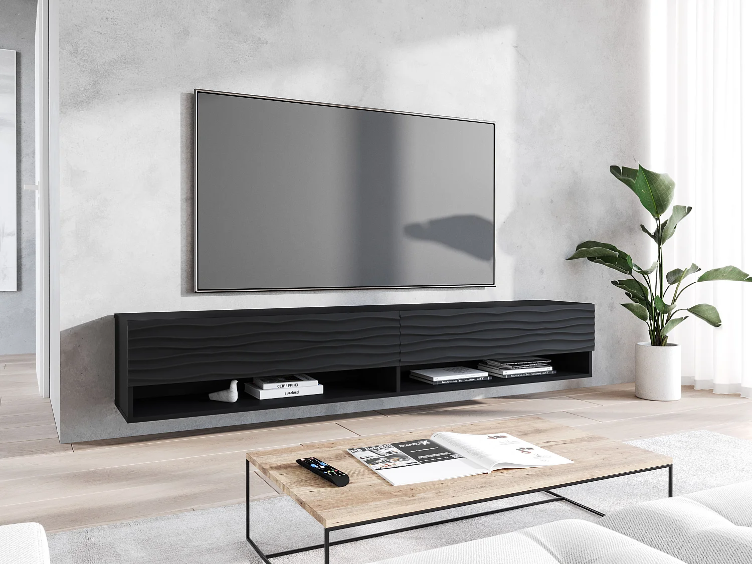 TV-Lowboard A 180 cm, Fernsehschrank, Wohnzimmermöbel, ohne LED-Beleuchtung, Farbe Schwarz gewellt