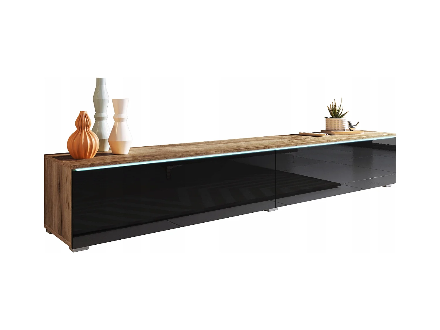 Moderne tv-meubel 180 cm voor de woonkamer – 2-deurs, greeploos, mat + glans, staand of hangend, wotan eik / zwart glans