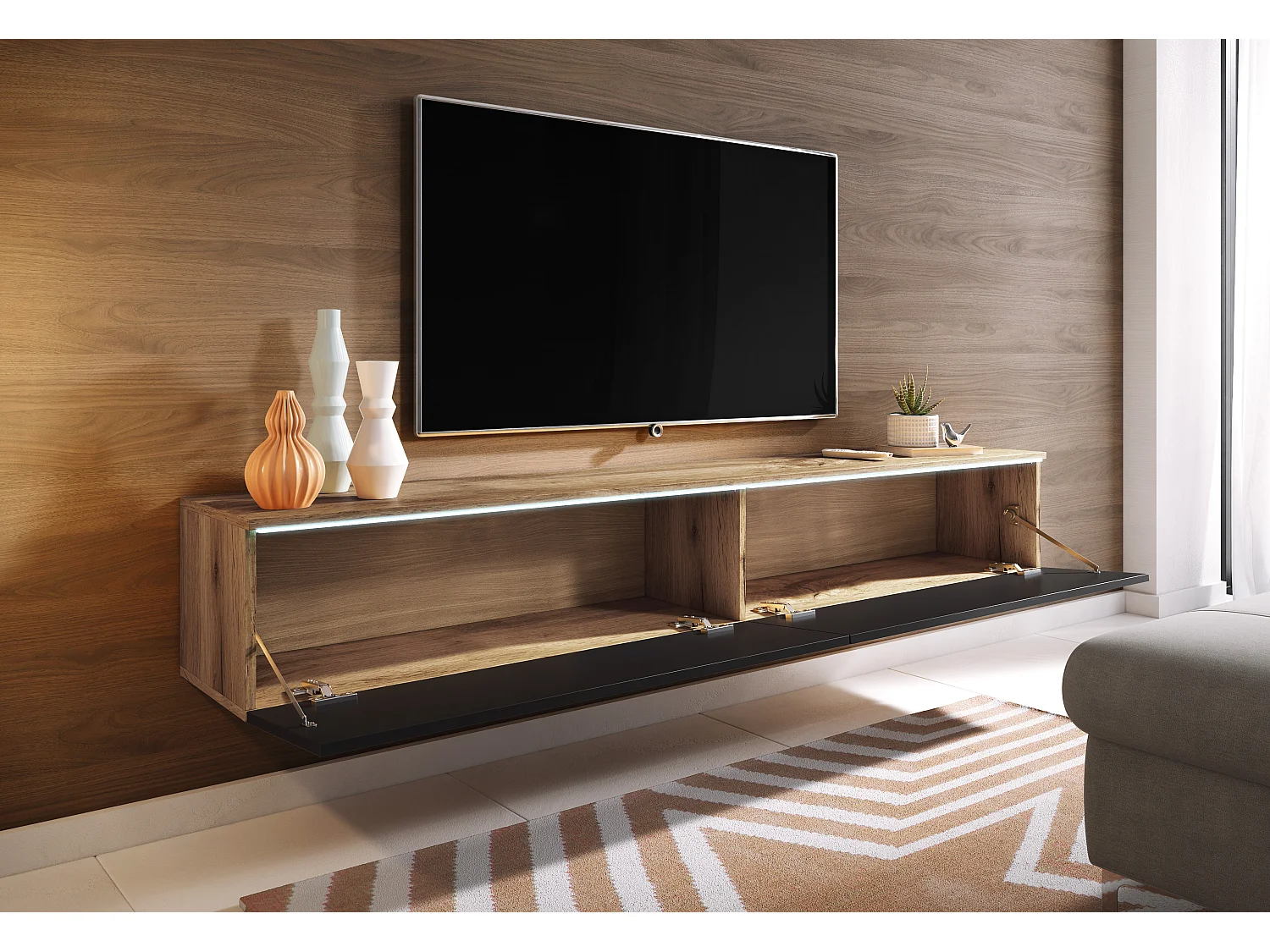 TV-Lowboard D 180 cm, Fernsehschrank, Wohnzimmermöbel, ohne LED-Beleuchtung, Farbe Wotan/Schwarz Glanz