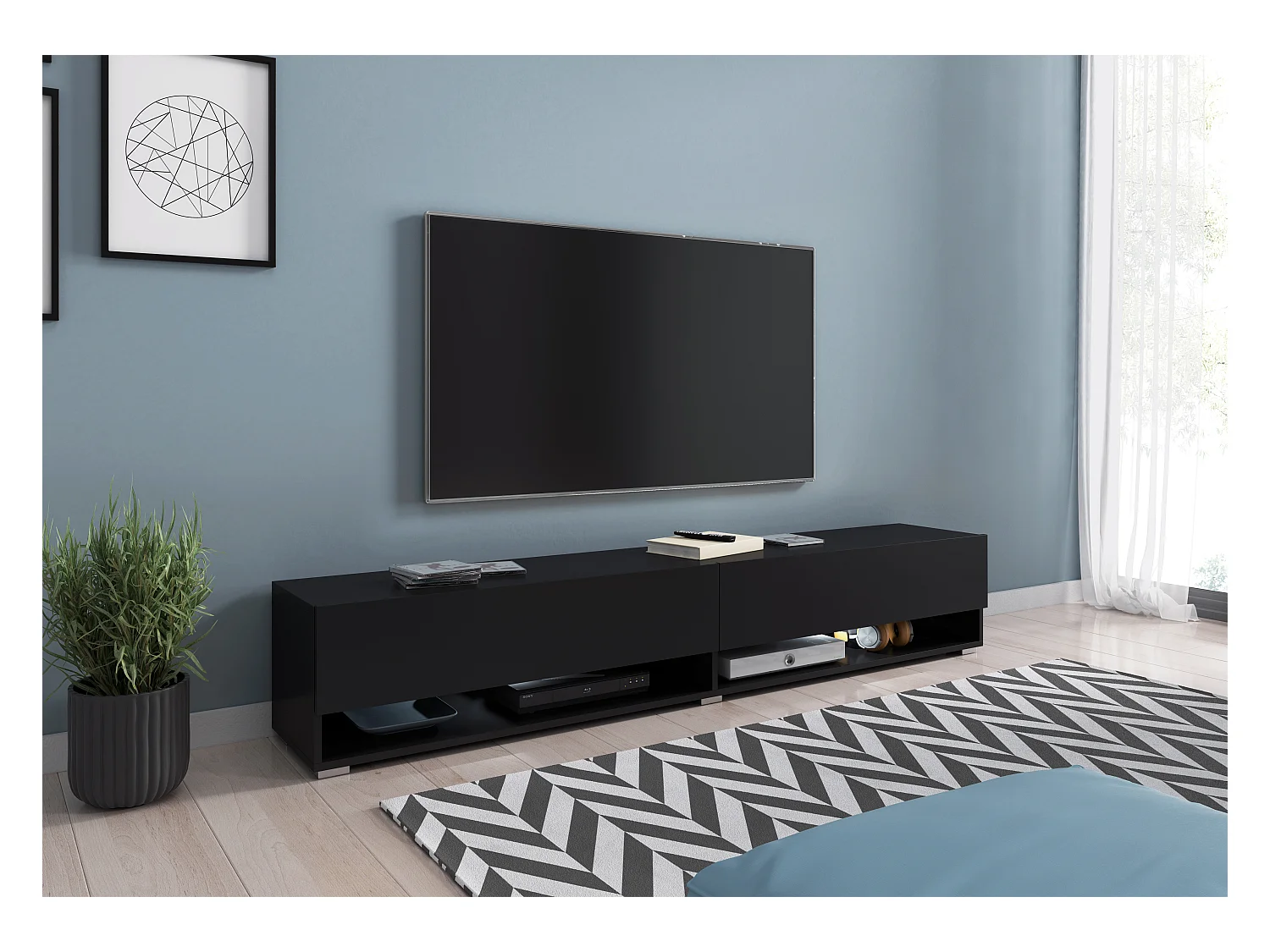 Móvel de TV moderno 180 cm – sem puxadores, cor preto, mate, de chão ou suspenso