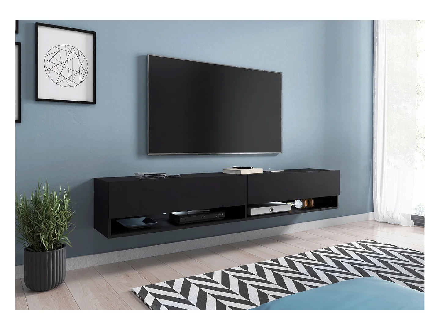 Meuble TV moderne 180 cm – sans poignées, coloris noir, mat, posé ou suspendu