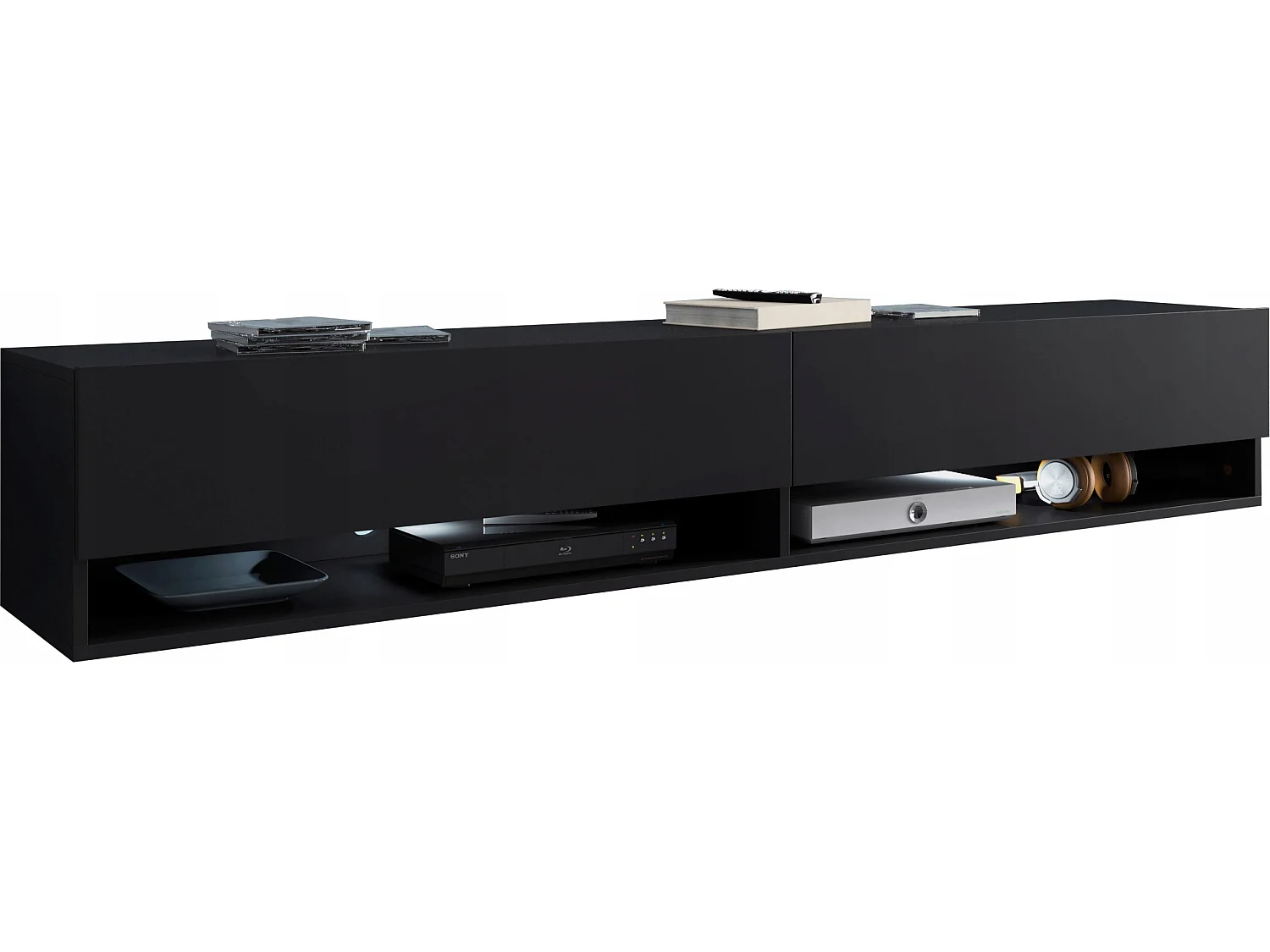 Meuble TV moderne 180 cm – sans poignées, coloris noir, mat, posé ou suspendu