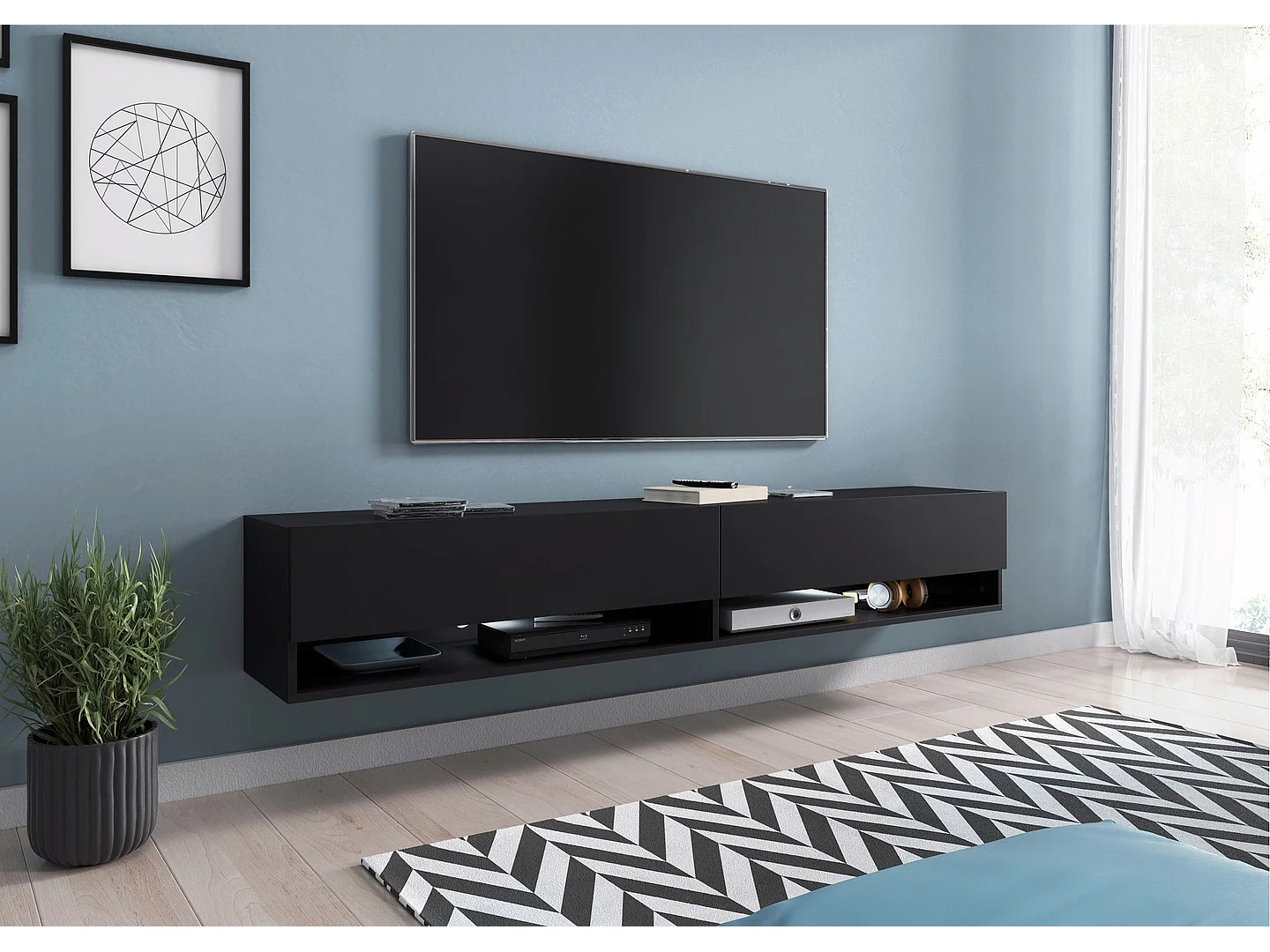 Meuble TV moderne 180 cm – sans poignées, coloris noir, mat, posé ou suspendu