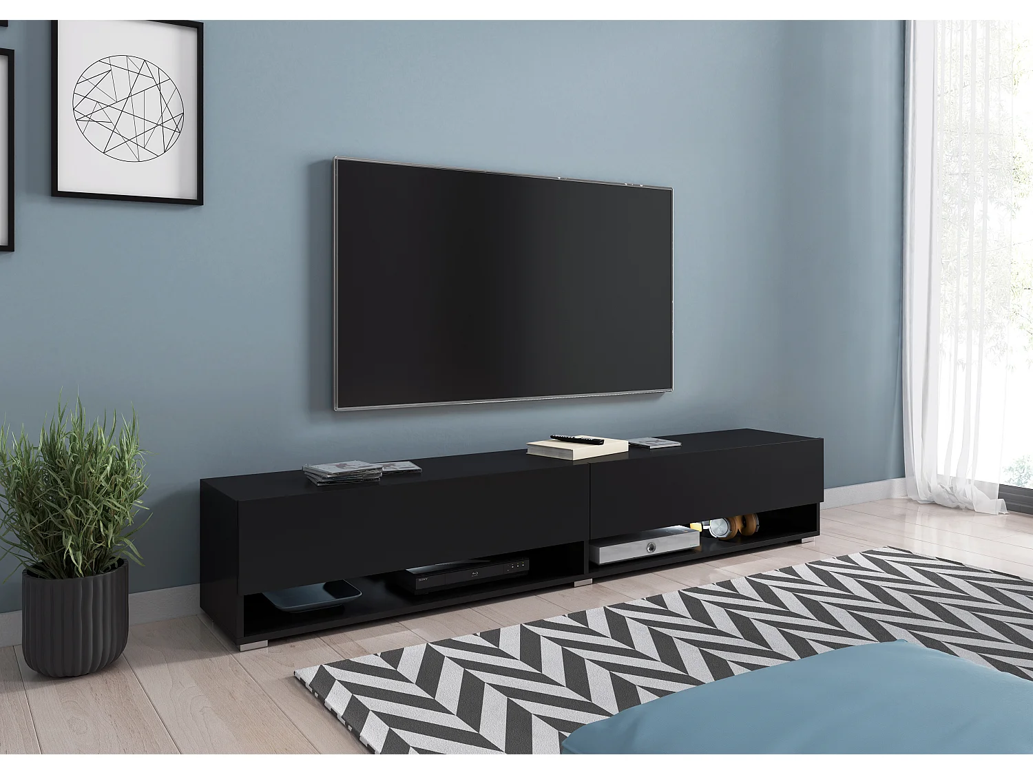 Meuble TV moderne 180 cm – sans poignées, coloris noir, mat, posé ou suspendu