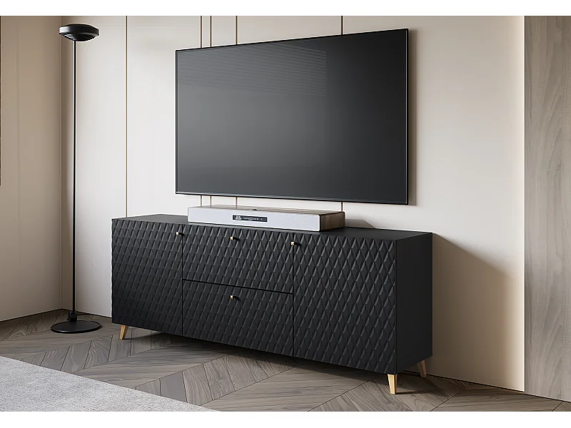 Nowoczesna szafka RTV 180 cm czarny z frezami w romby, złote uchwyty i złote nóżki