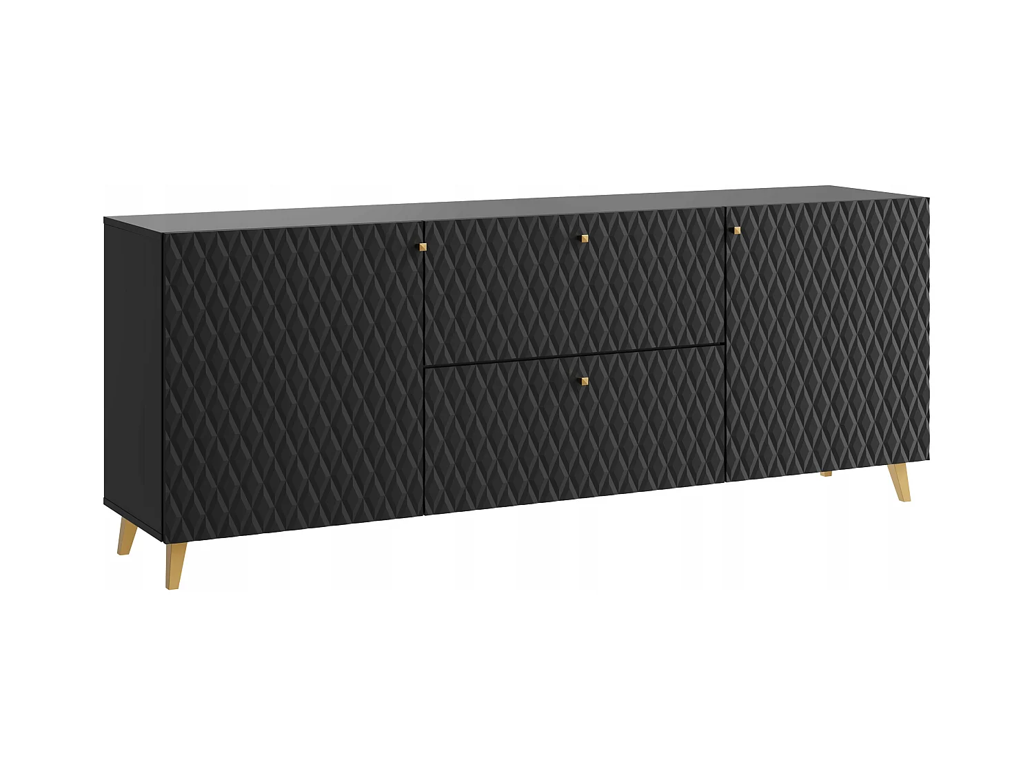 Moderne lowboard 180 cm zwart met diamantpatroon, gouden grepen en gouden poten