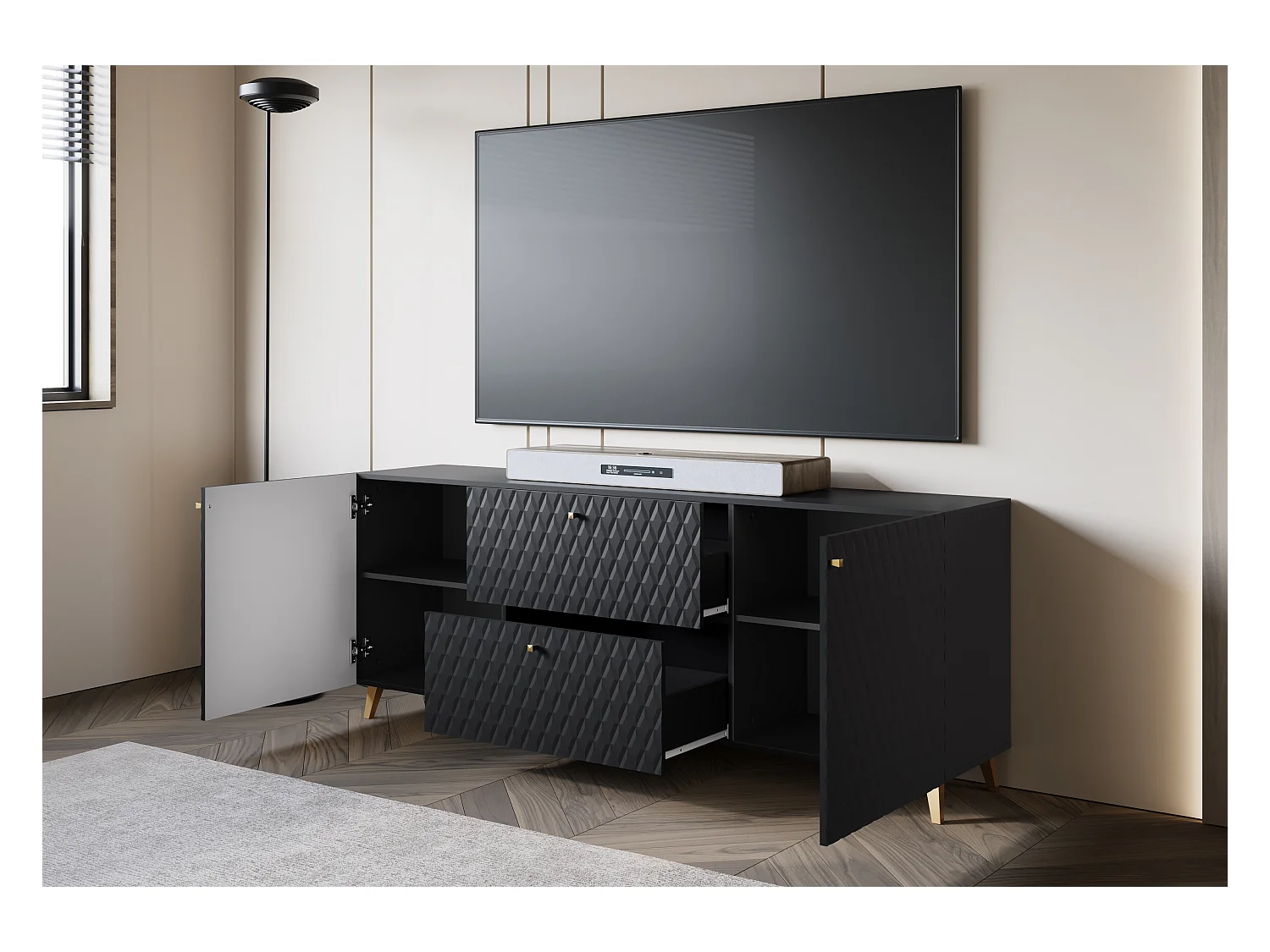 Moderne lowboard 180 cm zwart met diamantpatroon, gouden grepen en gouden poten