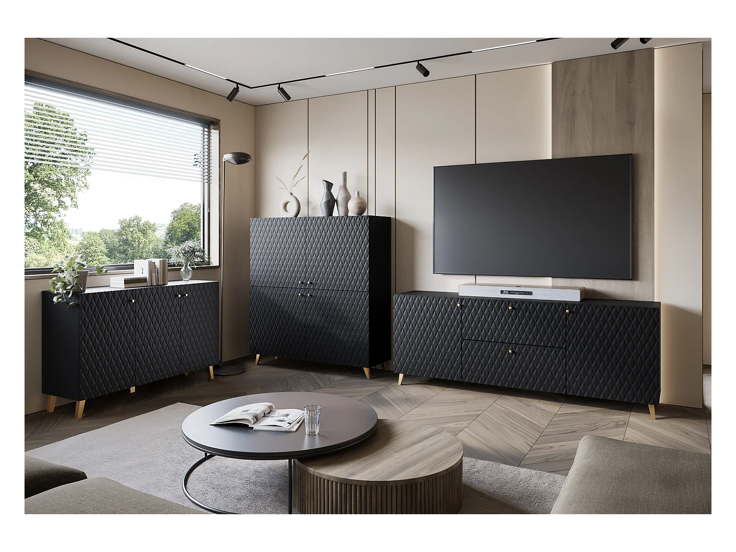 Moderne lowboard 180 cm zwart met diamantpatroon, gouden grepen en gouden poten