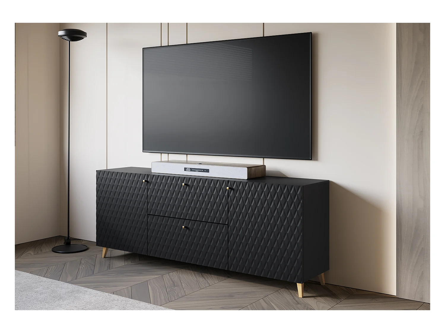 Lowboard moderne 180 cm noir avec façades à losanges, poignées dorées et pieds dorés