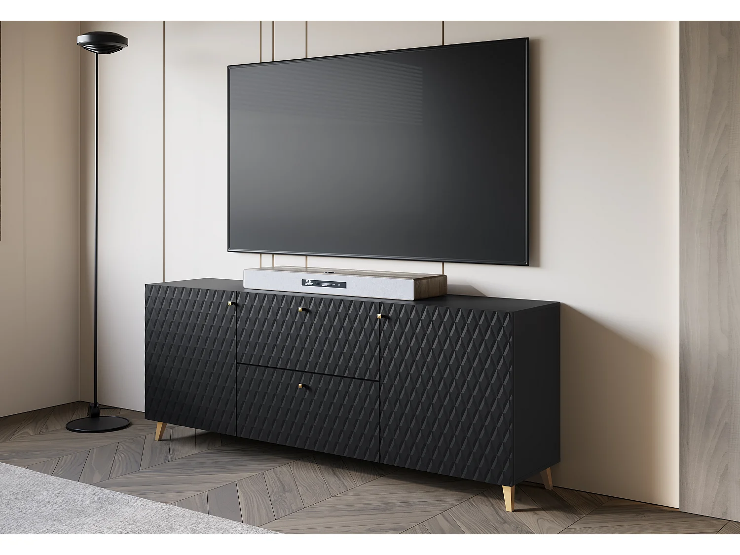 Lowboard moderne 180 cm noir avec façades à losanges, poignées dorées et pieds dorés