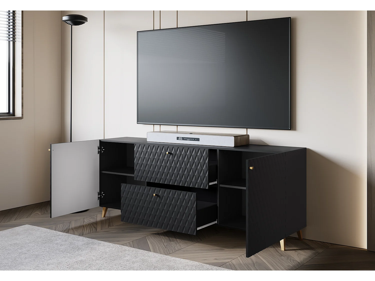 Lowboard moderne 180 cm noir avec façades à losanges, poignées dorées et pieds dorés