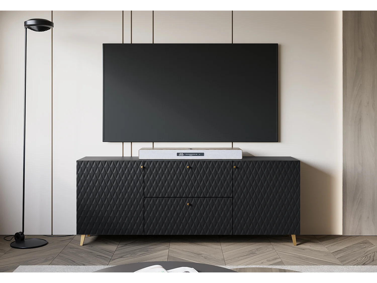 TV-bänk PHUKET 181 cm, TV-möbel på ben, skänk för vardagsrum, färg svart rombmönster