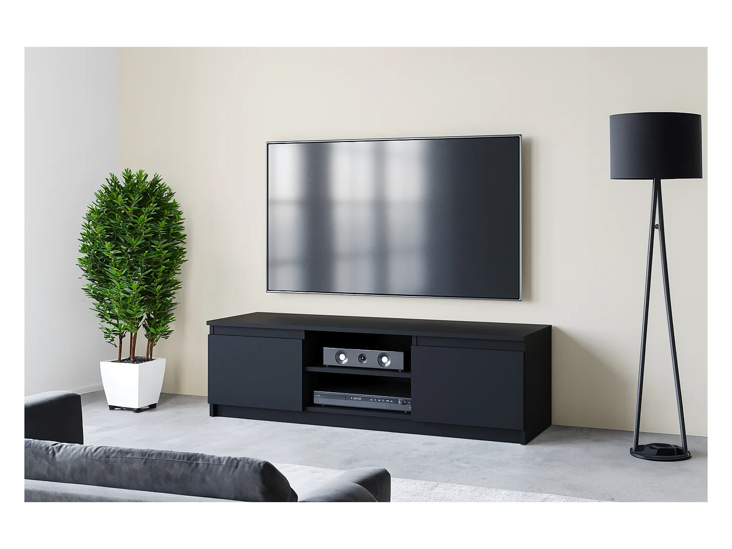 Móvel de TV simples 120 cm, para televisor, 2 armários e prateleiras, estrutura preta, frentes preto mate