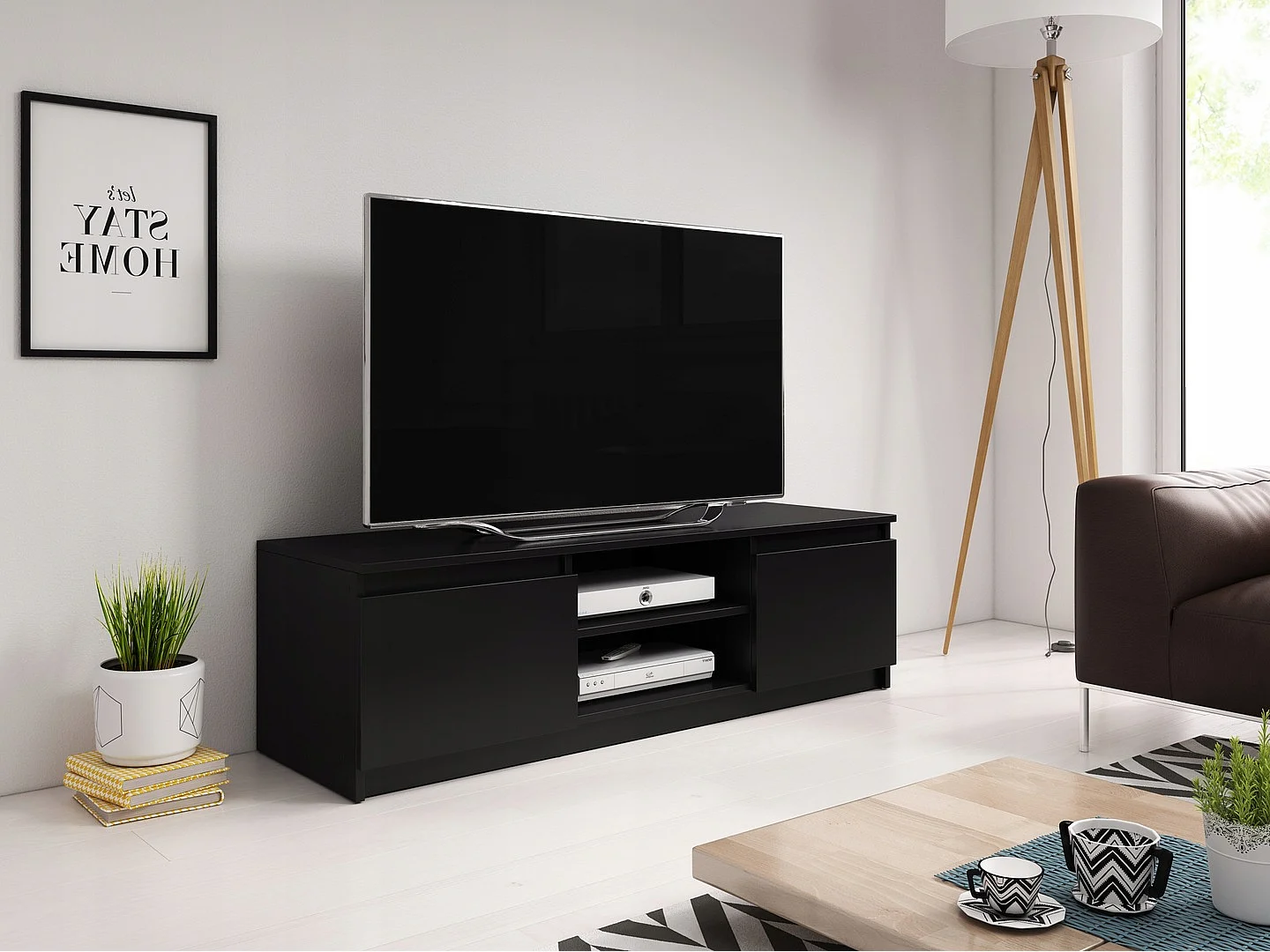 Meuble TV simple 120 cm, pour téléviseur, 2 placards et étagères, corps noir, façades noir mat