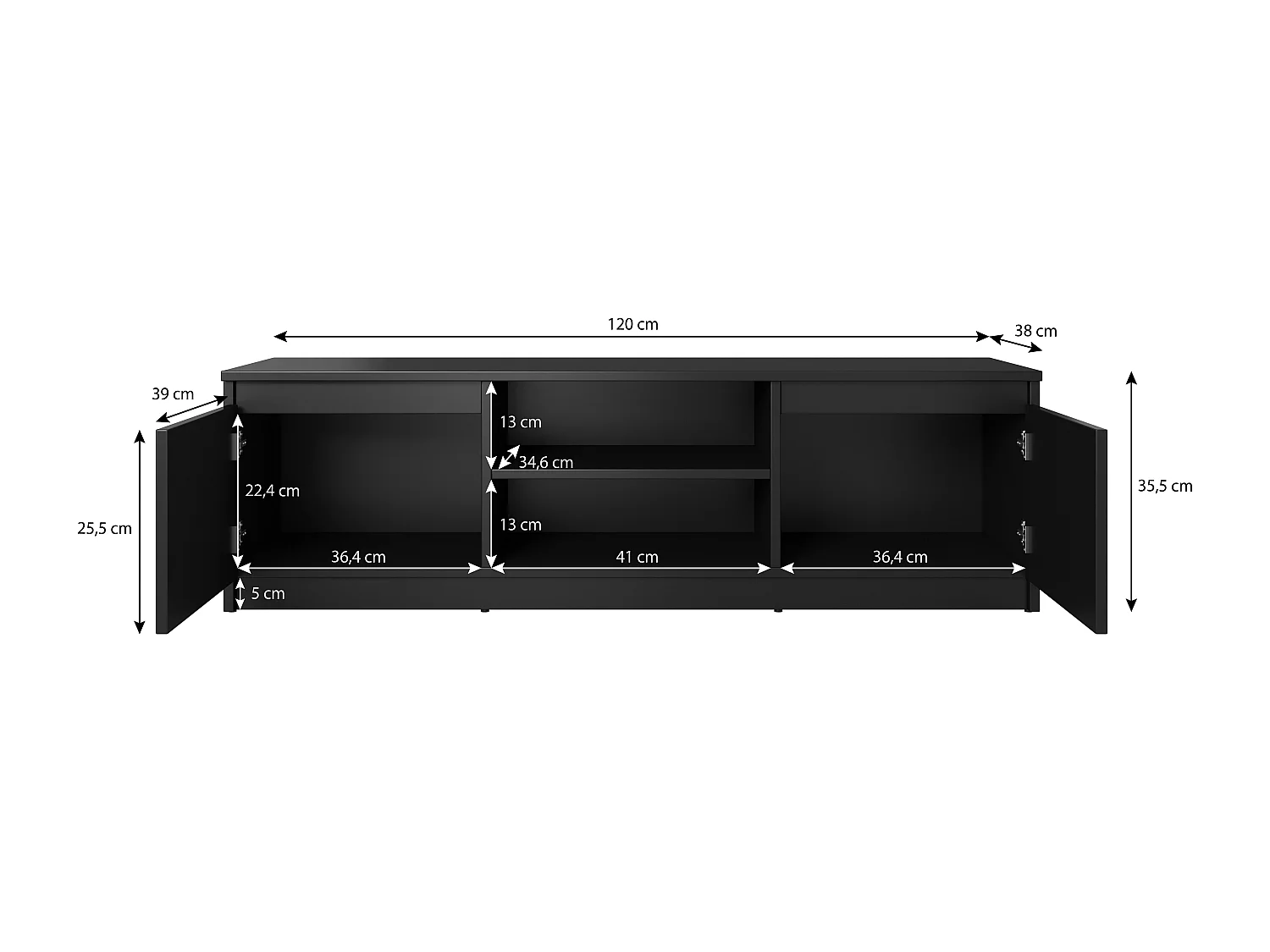 Meuble TV simple 120 cm, pour téléviseur, 2 placards et étagères, corps noir, façades noir mat