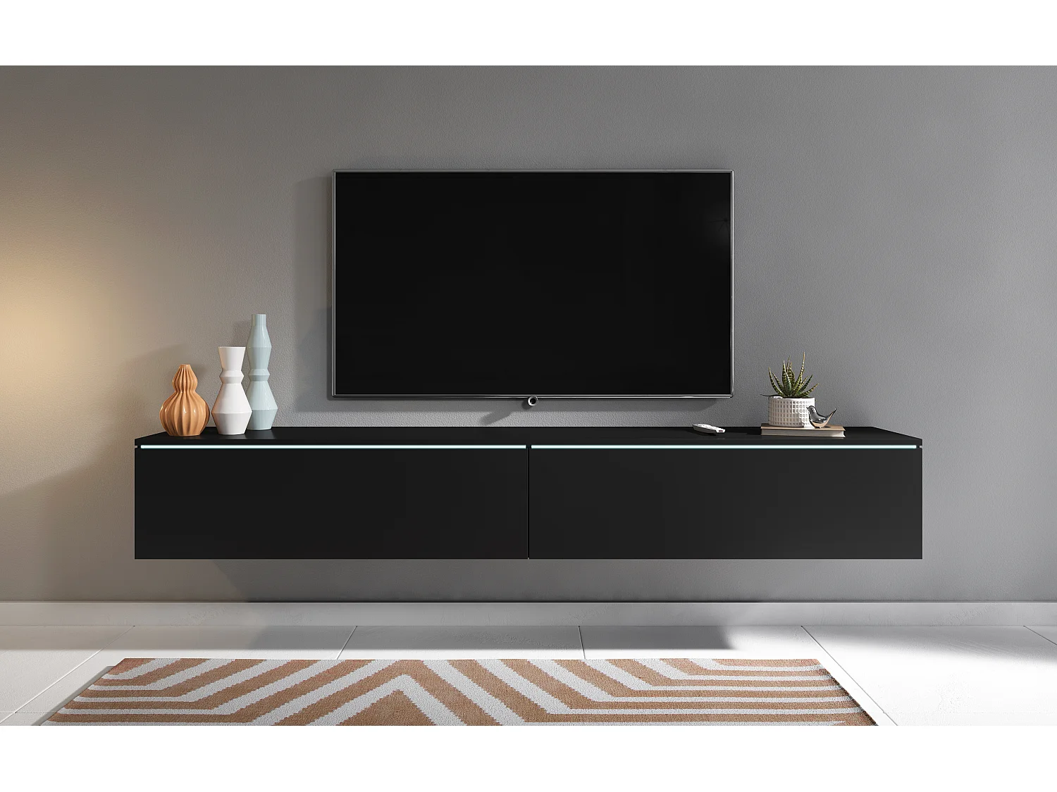 Nowoczesna szafka RTV 180 cm do salonu – 2-drzwiowa, bezuchwytowa, matowa, stojąca lub wisząca, czarny grafit