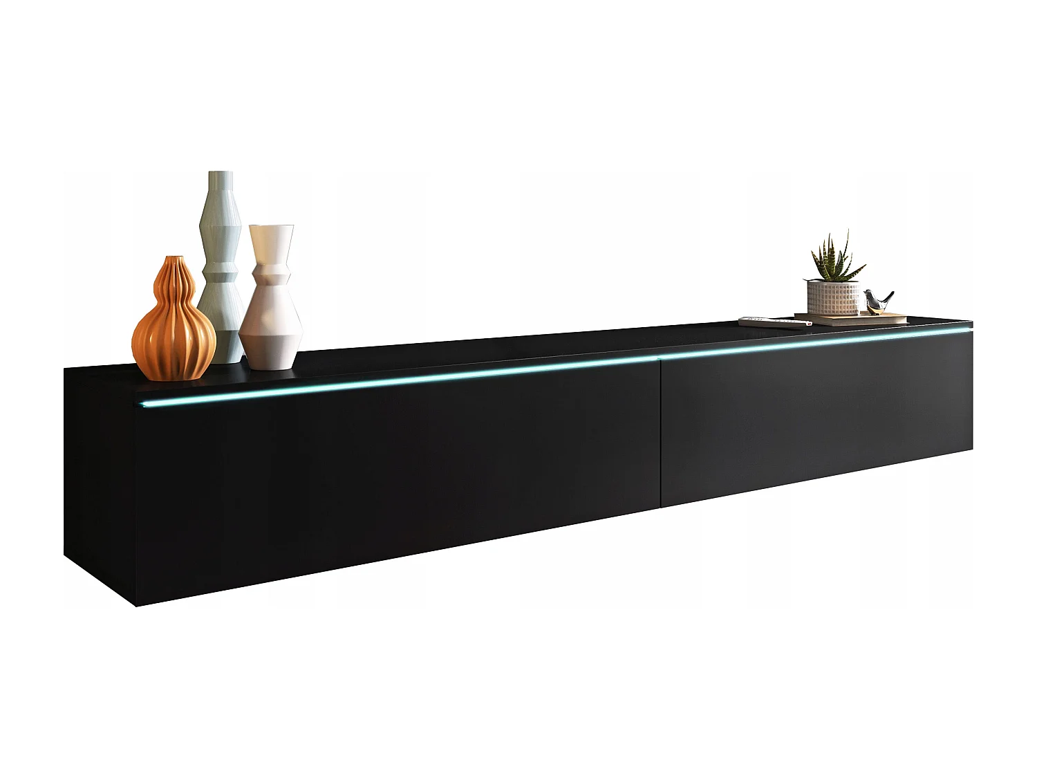 TV-Lowboard D 180 cm, Fernsehschrank, Wohnzimmermöbel, ohne LED-Beleuchtung, Farbe Schwarz matt