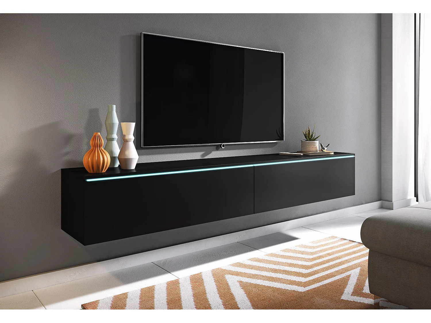 TV-Lowboard D 180 cm, Fernsehschrank, Wohnzimmermöbel, ohne LED-Beleuchtung, Farbe Schwarz matt