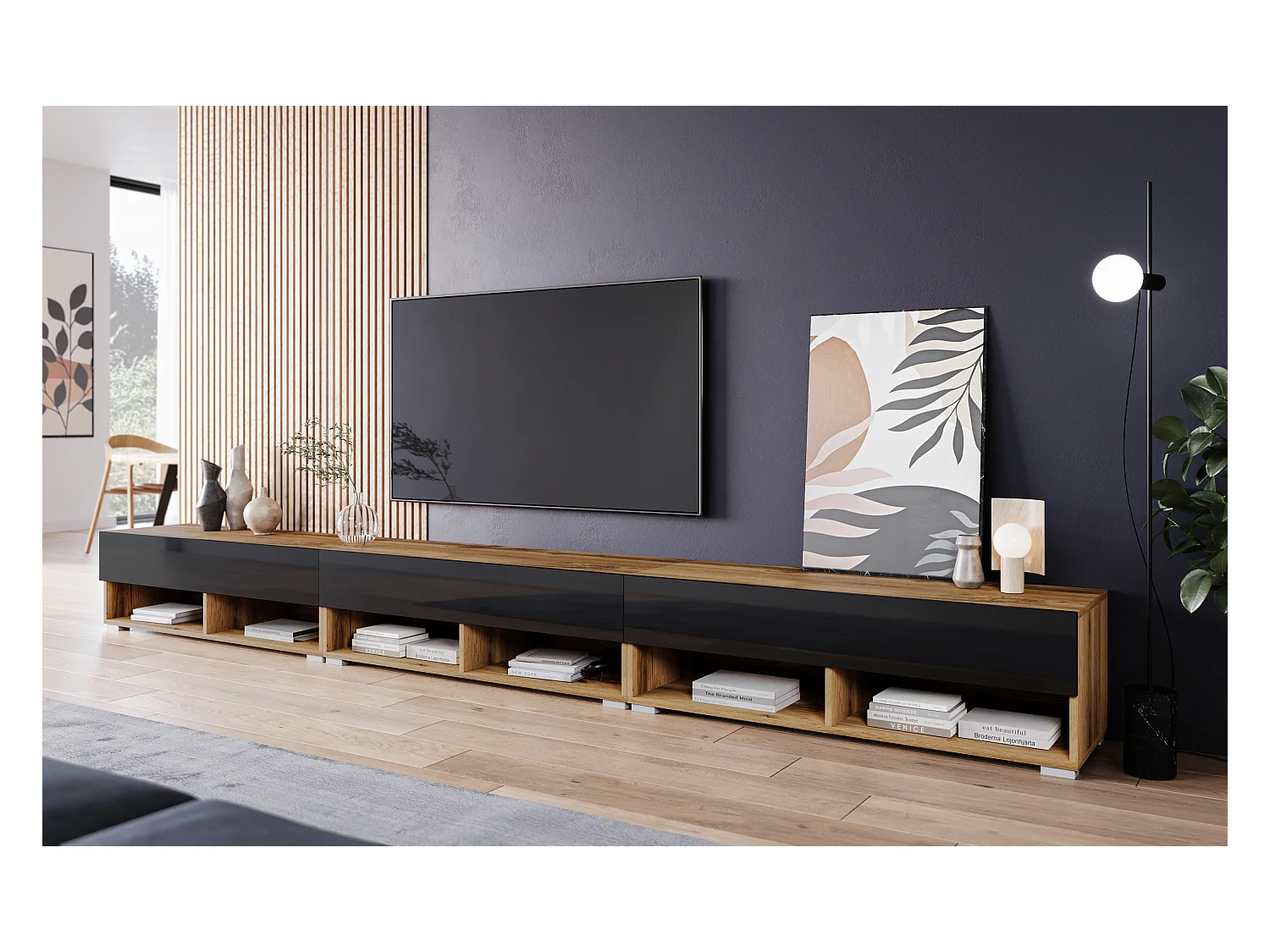 Meuble TV moderne 300 cm – sans poignées, corps chêne Wotan, façades noir brillant, posé ou suspendu