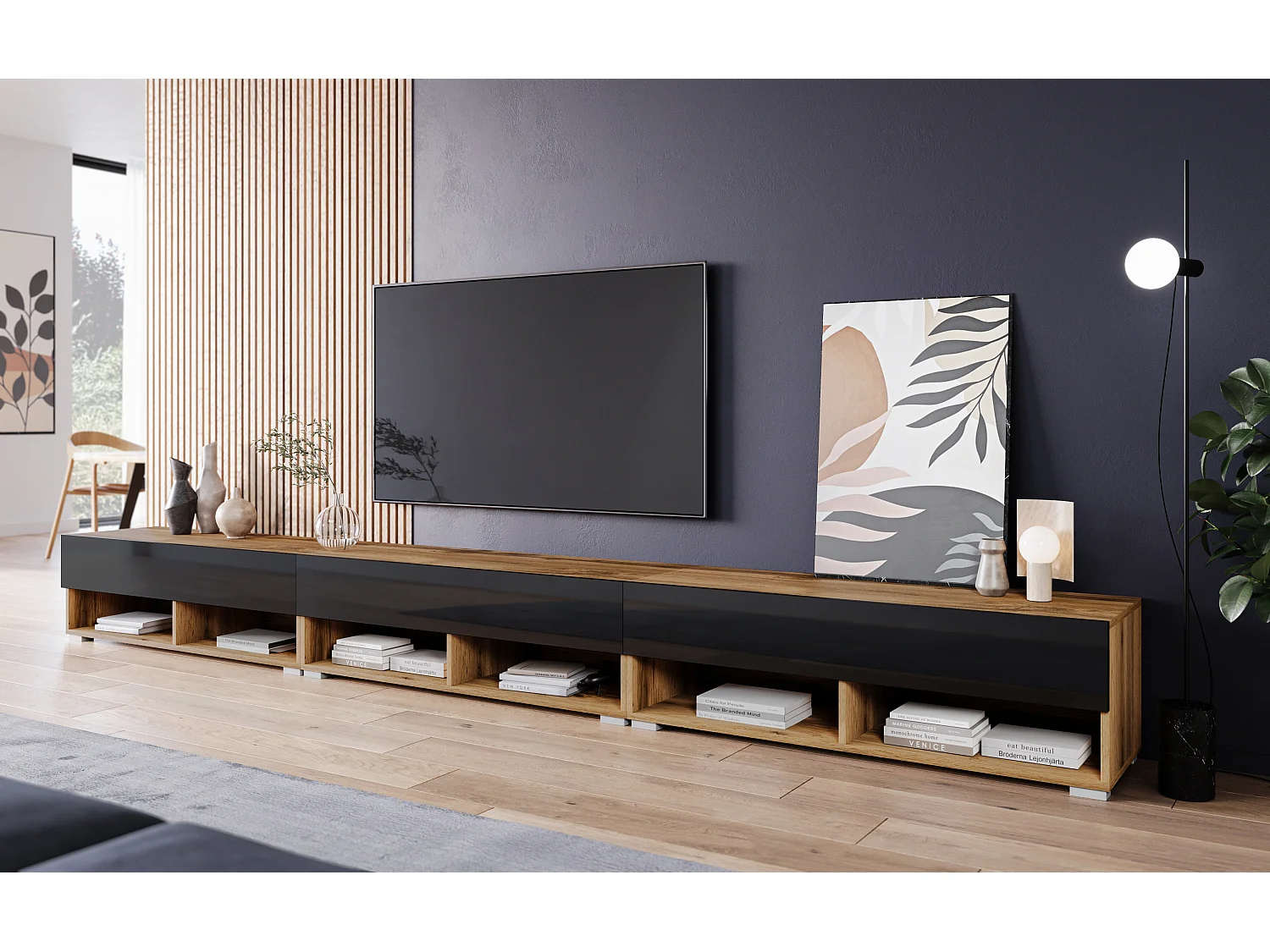 Meuble TV moderne 300 cm – sans poignées, corps chêne Wotan, façades noir brillant, posé ou suspendu