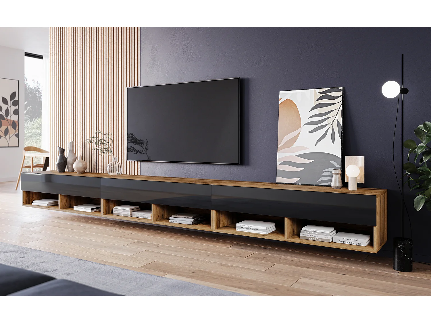 Meuble TV moderne 300 cm – sans poignées, corps chêne Wotan, façades noir brillant, posé ou suspendu