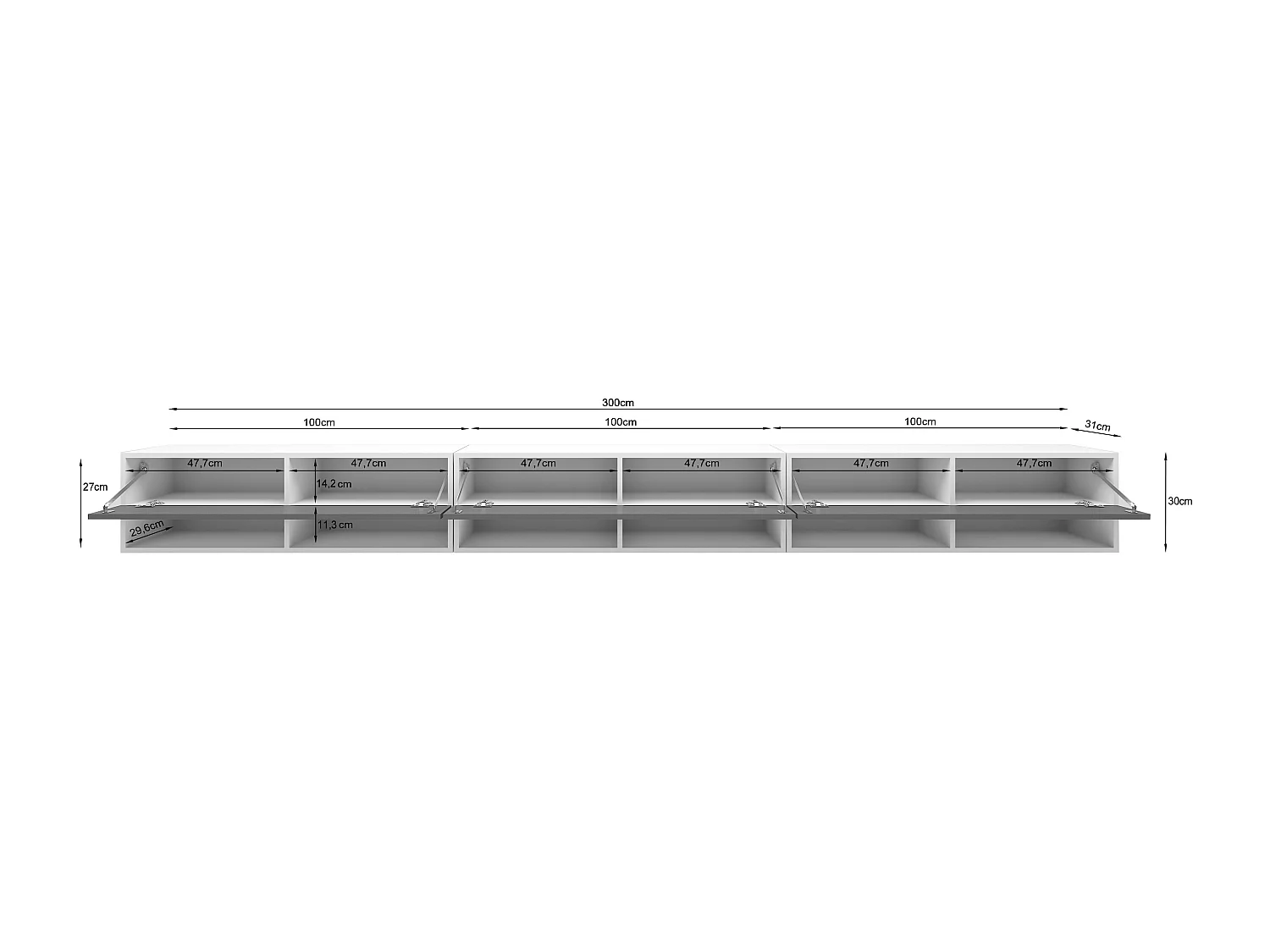Meuble TV moderne 300 cm – sans poignées, corps chêne Wotan, façades noir brillant, posé ou suspendu