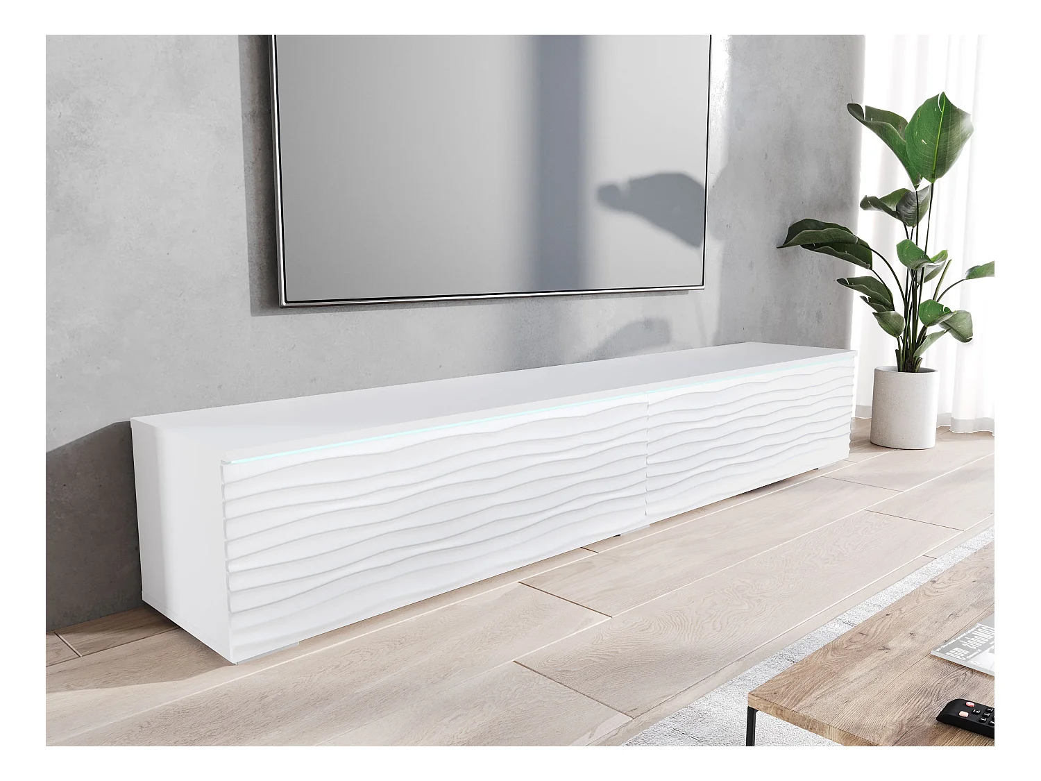 Meuble TV moderne 180 cm pour salon – 2 portes sans poignées, finition mate, posé ou suspendu, façades MDF ondulées blanc mat