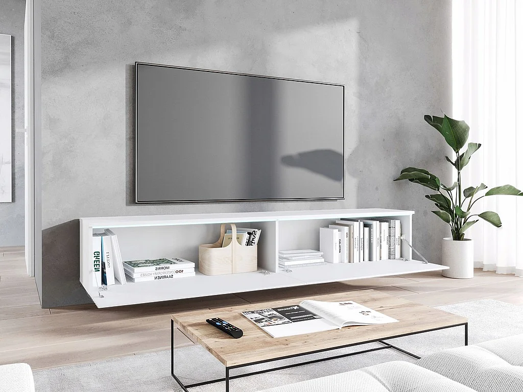 Meuble TV moderne 180 cm pour salon – 2 portes sans poignées, finition mate, posé ou suspendu, façades MDF ondulées blanc mat