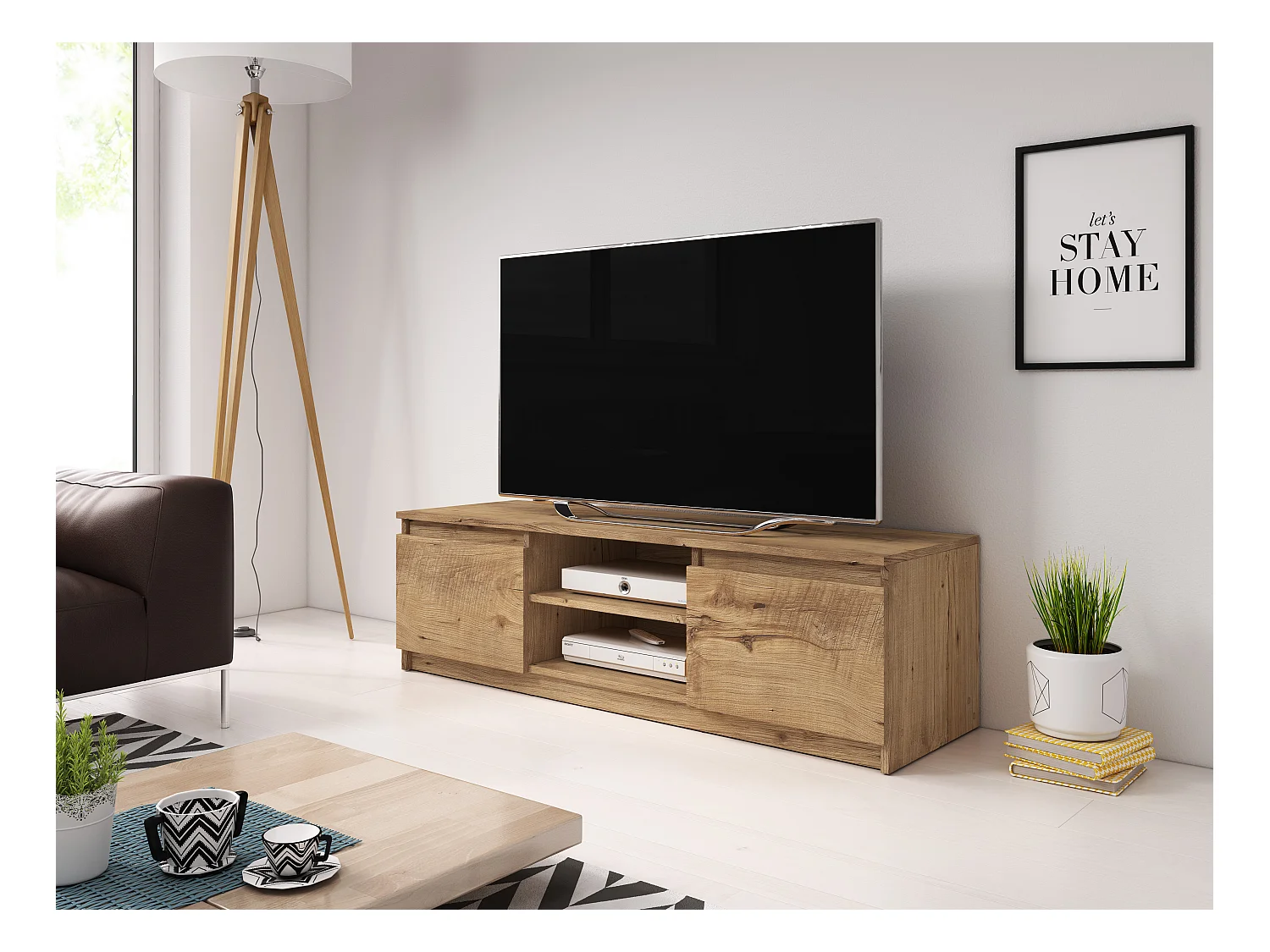 Meuble TV simple 120 cm, pour téléviseur, 2 placards et étagères, corps châtaignier, façades châtaignier mat