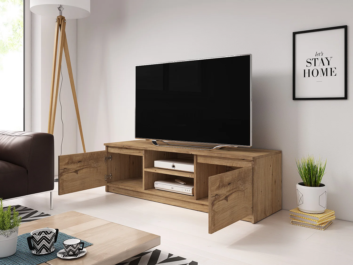 Meuble TV simple 120 cm, pour téléviseur, 2 placards et étagères, corps châtaignier, façades châtaignier mat