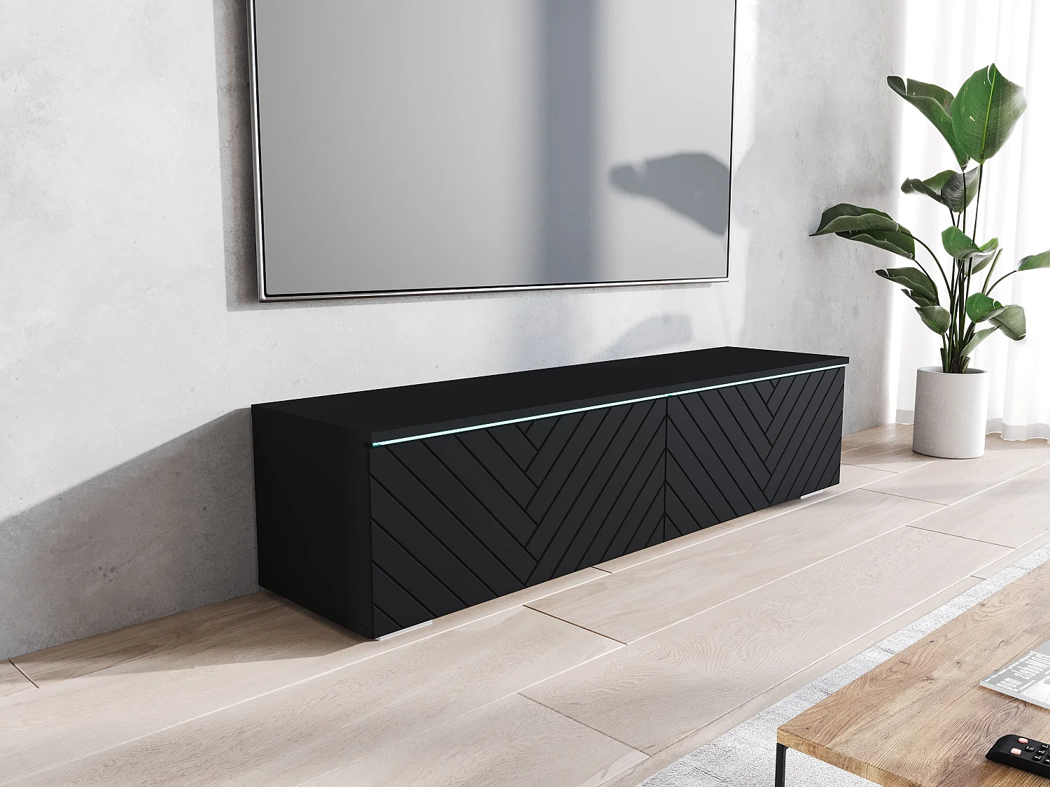 Nowoczesna szafka RTV 140 cm do salonu – 2-drzwiowa, bezuchwytowa, matowa, stojąca lub wisząca, fronty MDF jodełka czarny