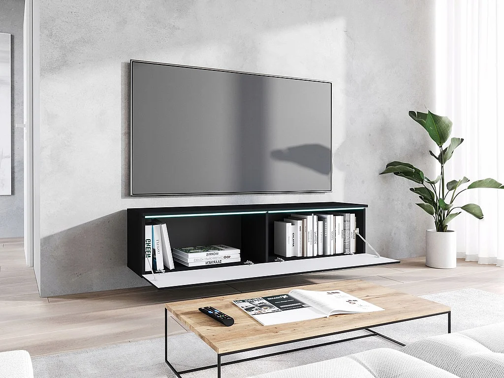 Nowoczesna szafka RTV 140 cm do salonu – 2-drzwiowa, bezuchwytowa, matowa, stojąca lub wisząca, fronty MDF jodełka czarny