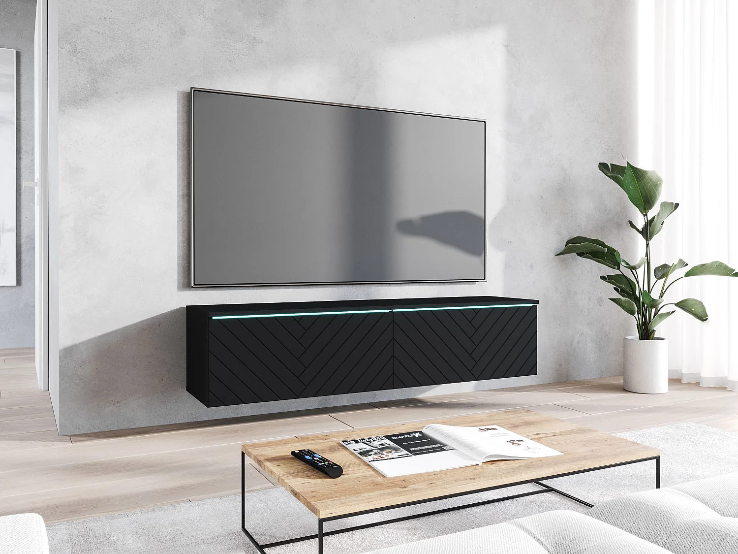 TV-bänk LOWBOARD D 140 cm, tv-möbel, vardagsrumsmöbel, utan LED-belysning, färg svart fiskbensmönster