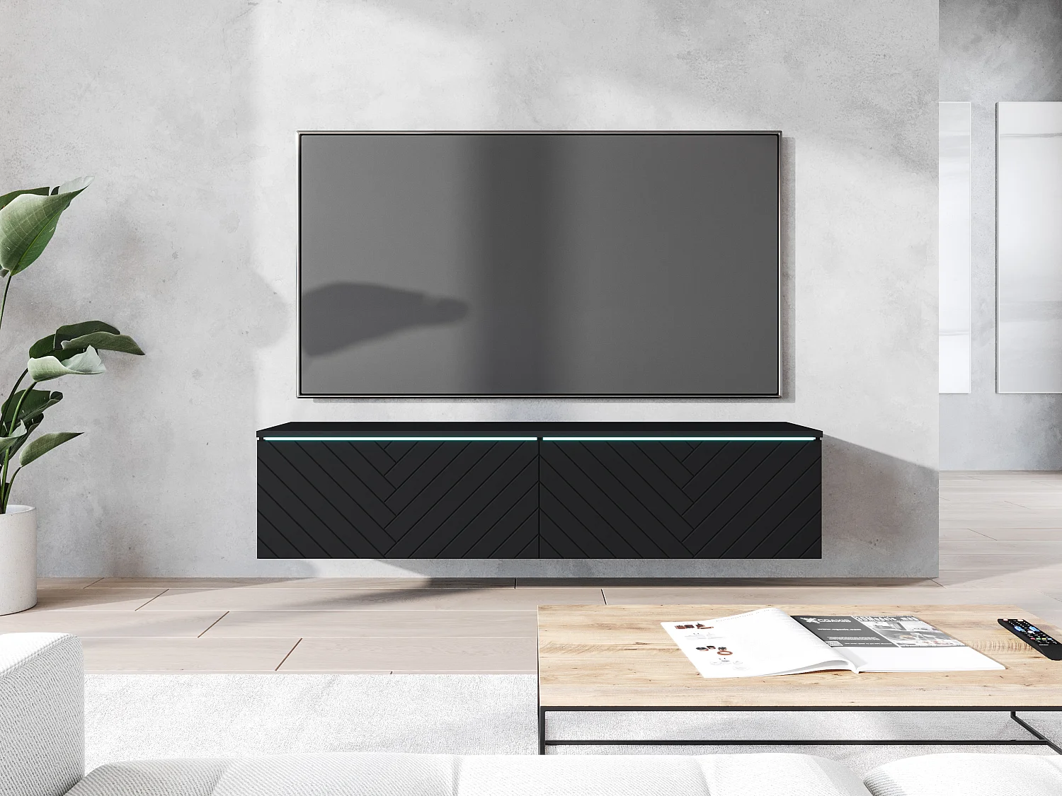 TV-bänk LOWBOARD D 140 cm, tv-möbel, vardagsrumsmöbel, utan LED-belysning, färg svart fiskbensmönster