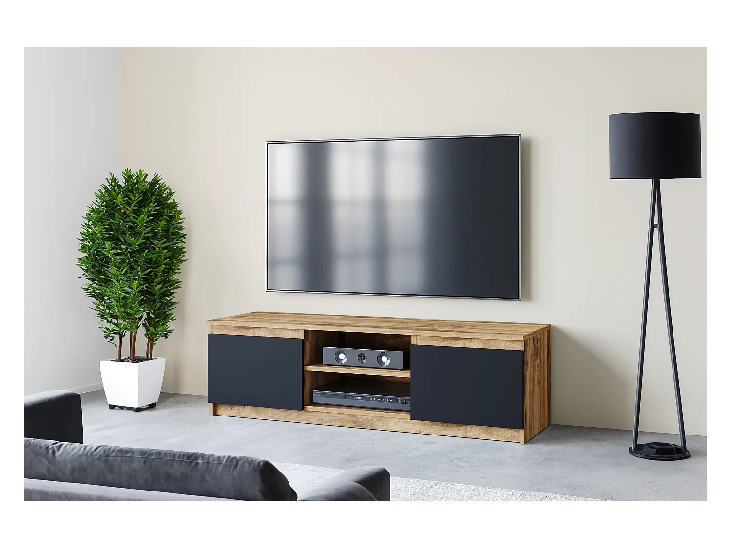 Eenvoudig TV-meubel 120 cm, voor televisie, 2 kasten en planken, romp eik wotan, fronten zwart mat