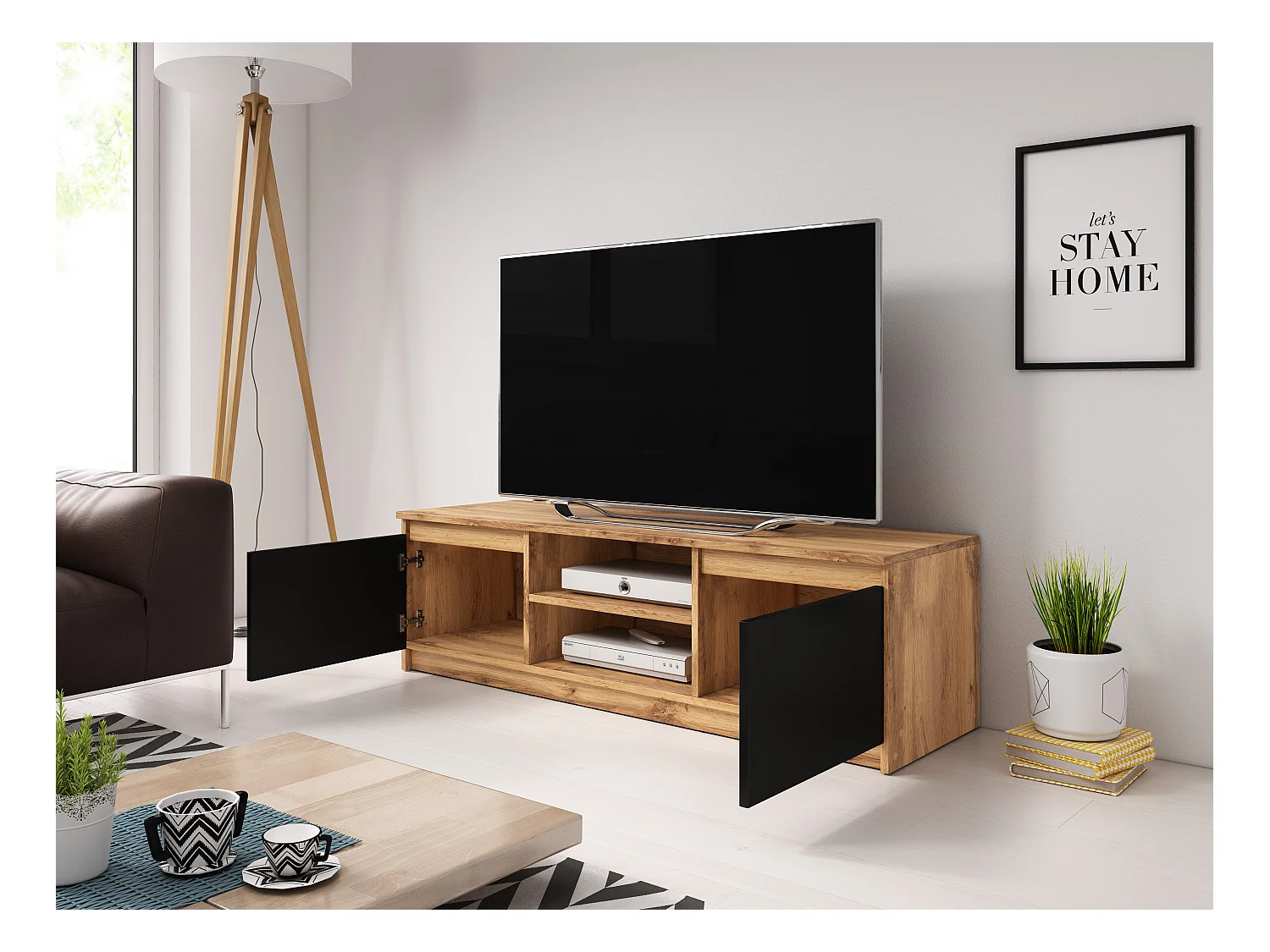 Eenvoudig TV-meubel 120 cm, voor televisie, 2 kasten en planken, romp eik wotan, fronten zwart mat