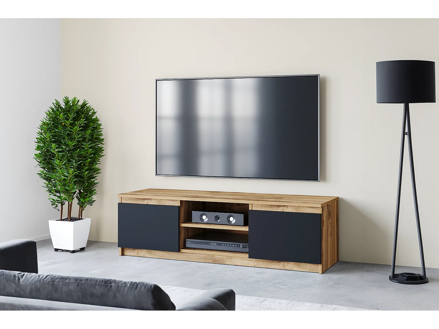 Meuble TV simple 120 cm, pour téléviseur, 2 placards et étagères, corps chêne wotan, façades noir mat