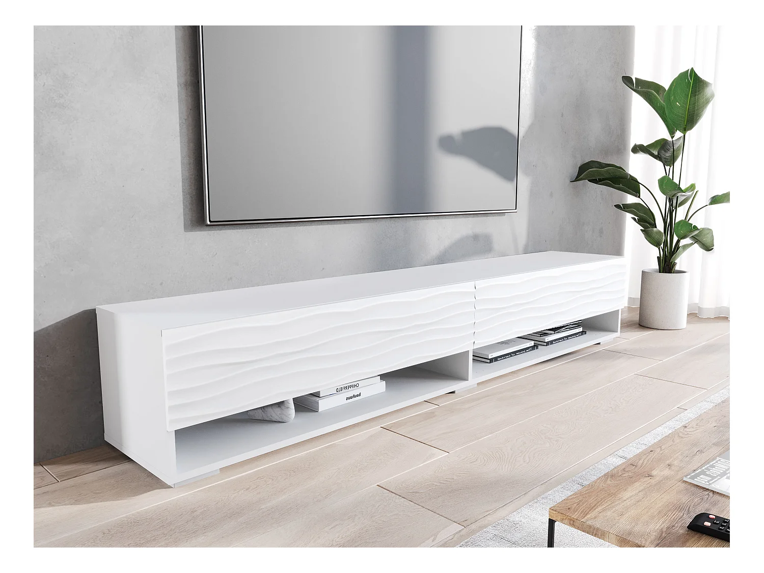 Meuble TV moderne 180 cm – corps mat, façades MDF ondulées, sans poignées, posé ou suspendu, couleur blanc mat
